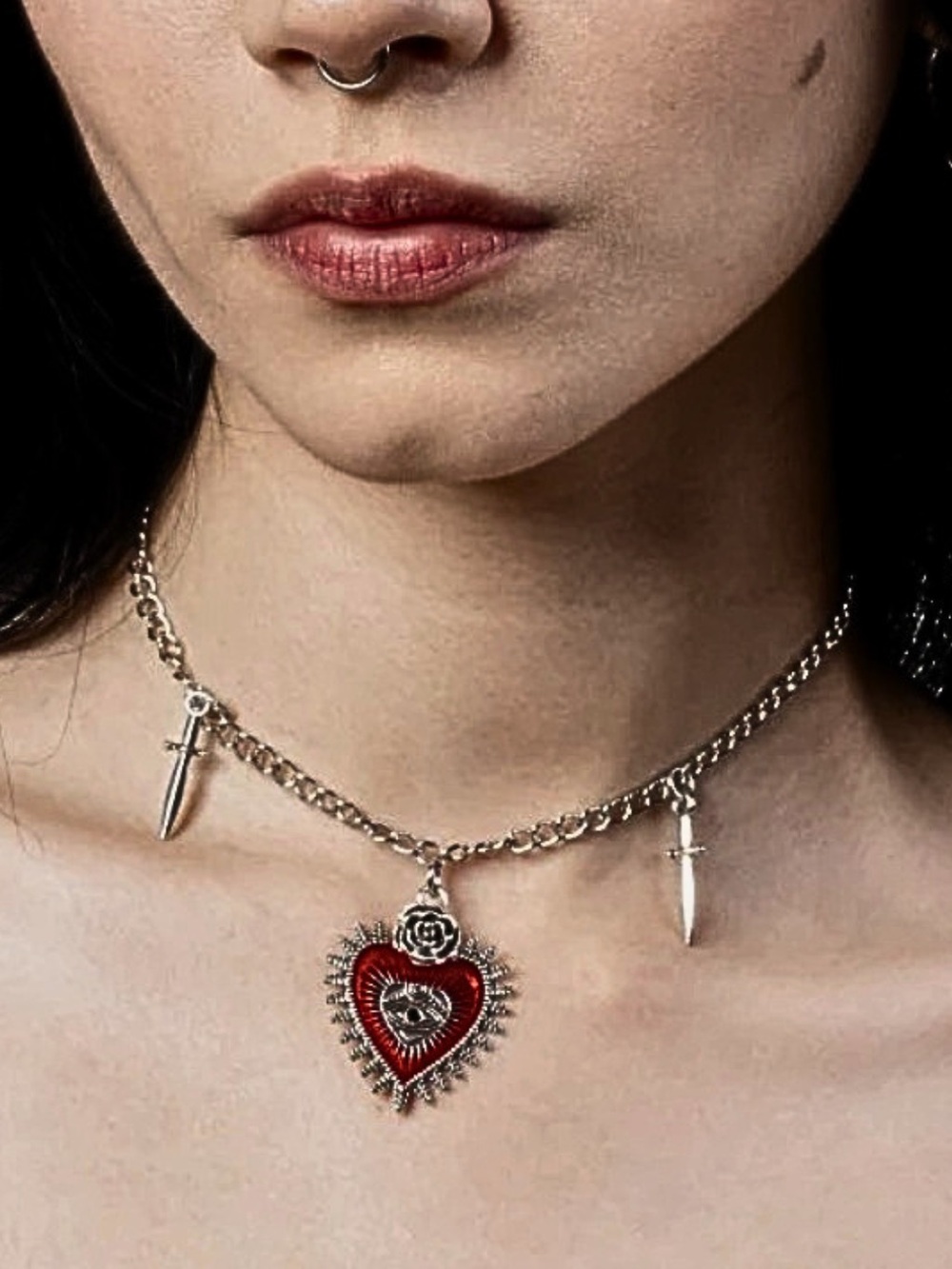 GOTH NECKLACE Victorian Choker Silver Red Heart Evil Eye 2 Silver Grunge Daggers